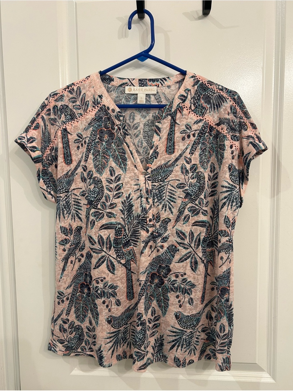 Katherine Barclay Pink Botanical Bird Print V-Neck Blouse